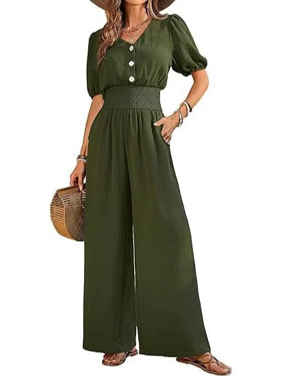 Amazon 2025 Summer Women's jumpsuit button short sleeve V-neck tucked jumpsuit casual wide leg pants