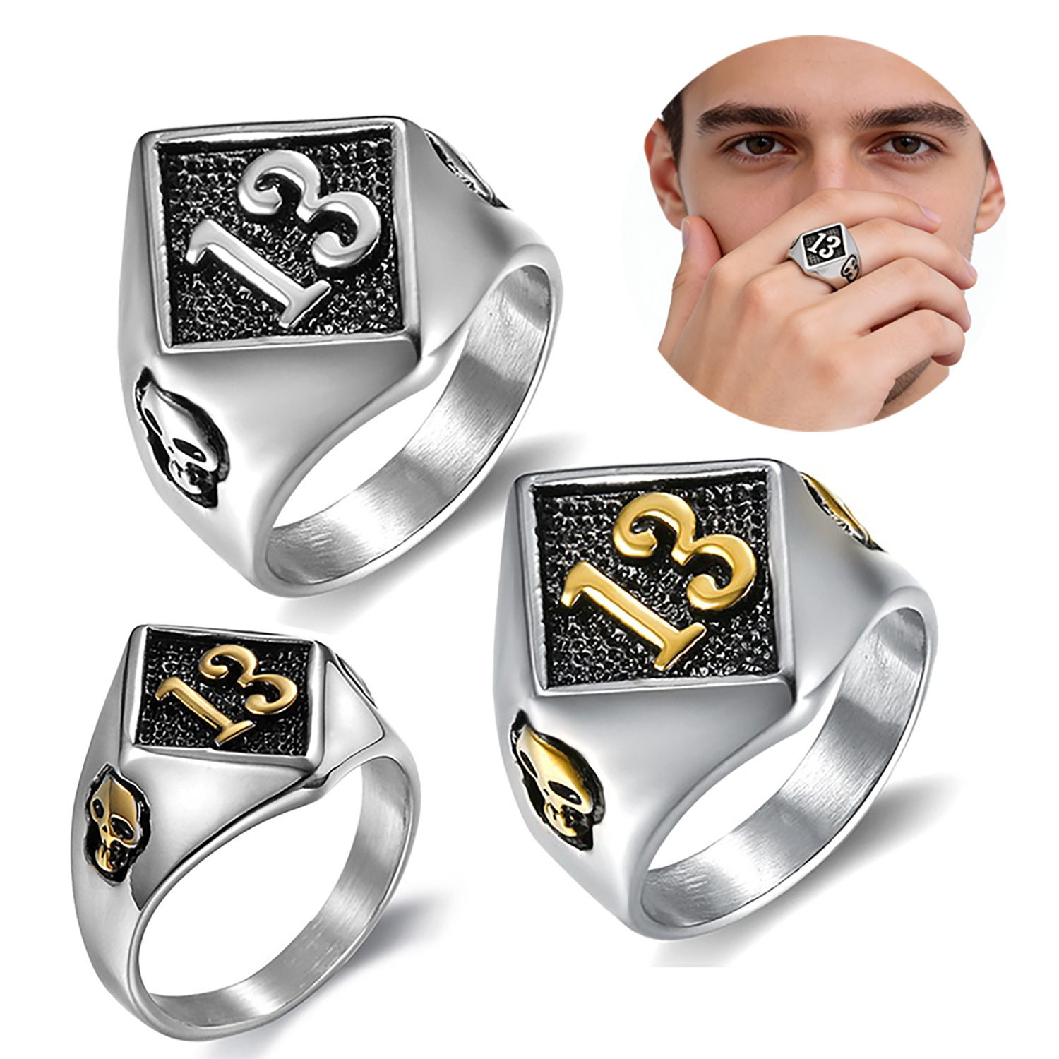 European and American Classic Motorcycle Series Lucky Number 13 Skull Men's Ring Stainless Steel Vintage Ring