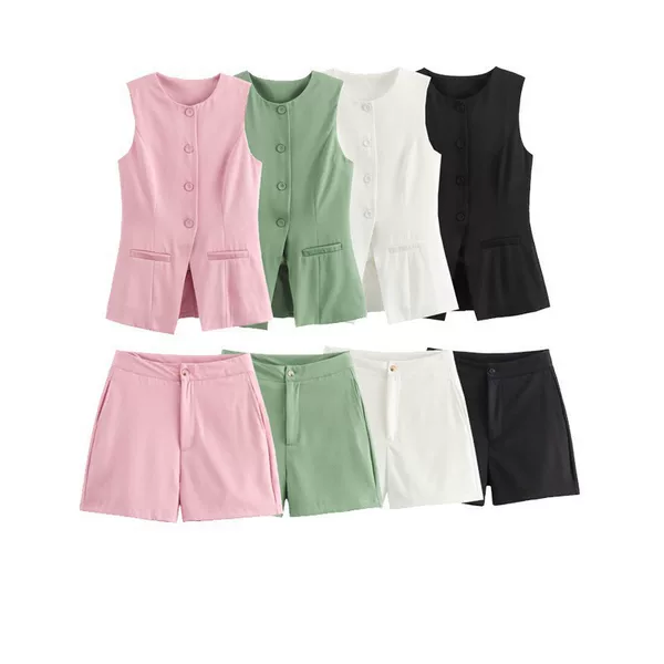 Foreign trade list! Spring New Women's Clothing European and American-style V-neck Single-breasted Slim-fit Vest Shorts Fashion suit