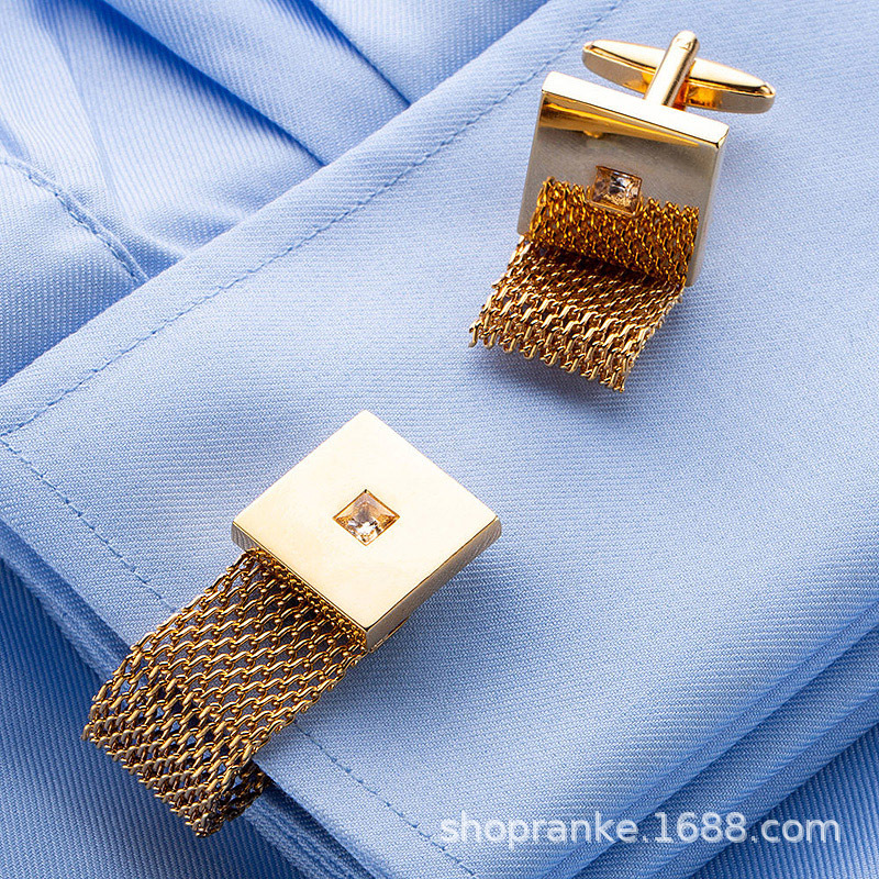 High-End Light Luxury Cufflinks Gold Chain Square Men's Formal French Shirt Simple Cuff Studs Square Diamond-Encrusted