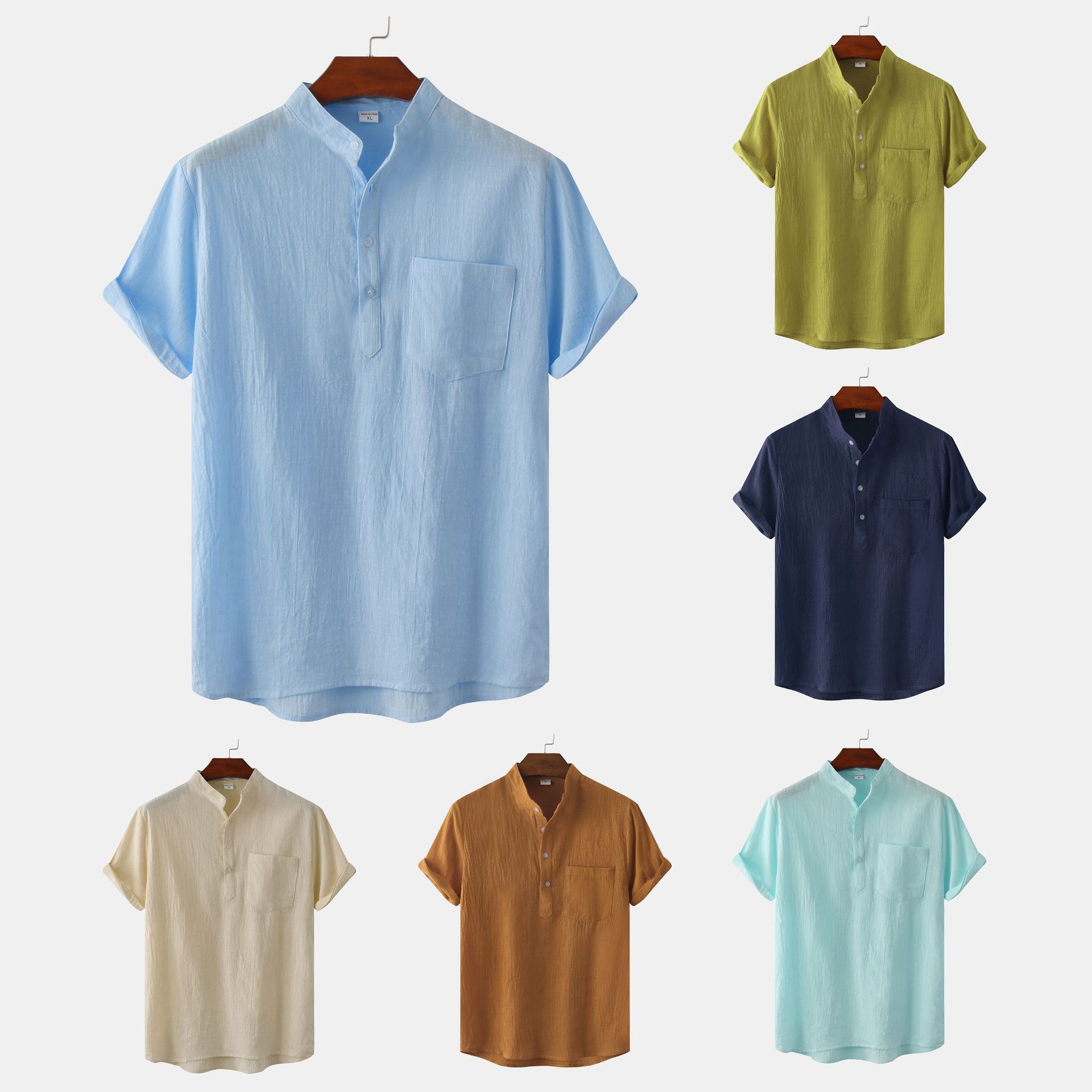 跨境棉麻衬衫2022夏季新款欧美ebay棉麻男士纯色立领棉麻短袖衬衣