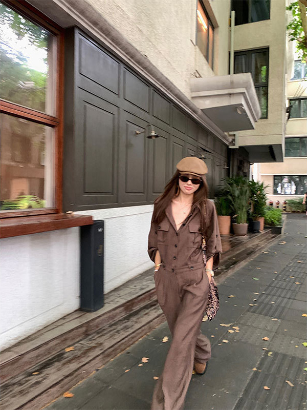 NanaByNana【 尼斯周末】老钱风工装连体裤女早秋宽松直筒连体衣|undefined