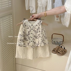 女の子用レトロ風綿麻ベストセット 夏服 2025年新作 韓国風子供用ノースリーブワンピース ワイドパンツ 幼児用