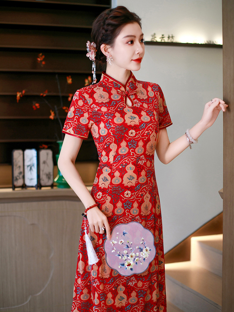 Đầm maxi nữ cổ đứng kiểu tân Trung Hoa in họa tiết dáng dài — xanh lam, màu đỏ