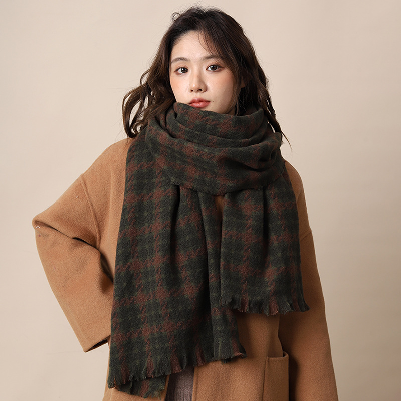 Eșarfă groasă și caldă premium pentru femei, ediție coreeană versatilă, cu model Thousand Bird Grid, iarna 2024, tendință pentru cupluri studenți_voghion.com