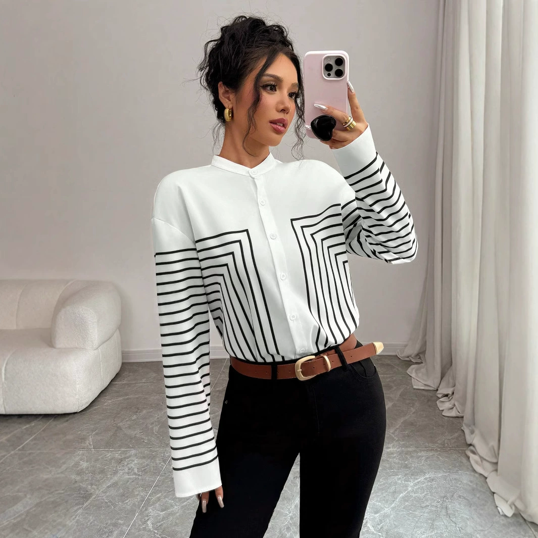 2024 Трансграничная Европа AliExpress Популярная мода для женщин, контрастных цифровых принтов позиционирования, однобортые полосатые рубашки