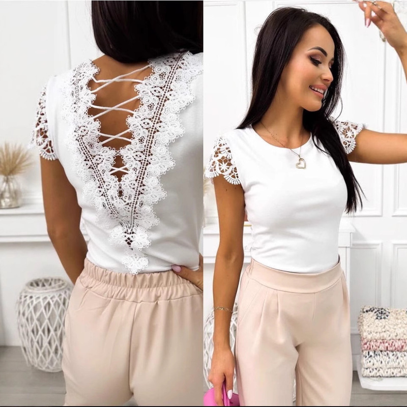 2025 Amazon Cross-Border Supply New Style Cut Out Beautiful Back Embroidered Retro Women's V Neck Lace Sleeve Splicing T-Shirt