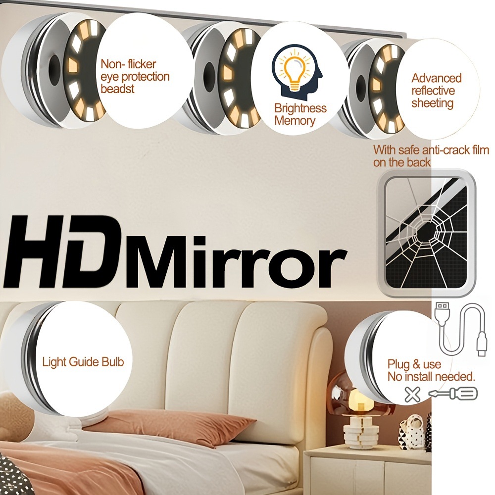 Gebogener Hollywood-Schminkspiegel, 9 dimmbare LED-Lampen, 3 Lichtmodi, Touch-Steuerung mit Memory-Funktion, Kosmetikspiegel für Schlafzimmer-Schminktisch_voghion.com