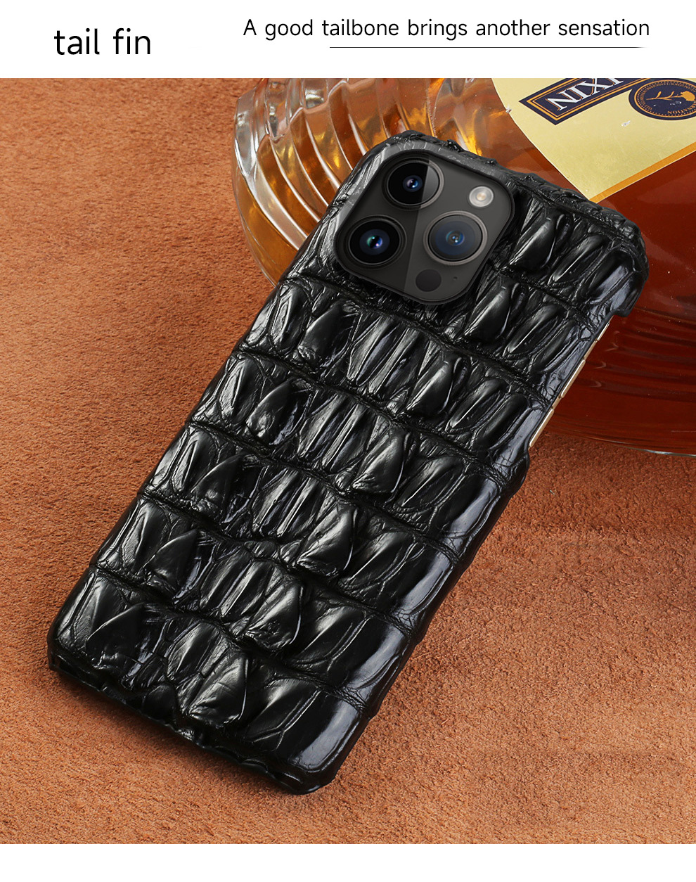 Ốp lưng da cá sấu tự nhiên cho iPhone 11/12/13/14 Pro Max, chống sốc viền dày — Hộp sọ, Xương lưng, Vây đuôi, Bụng chi tiết 10