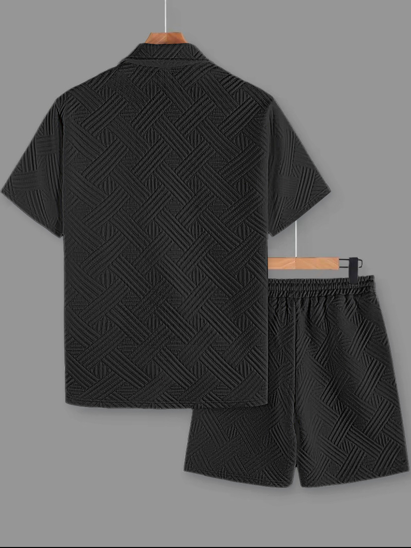 Men's Solid Colour Jacquard Shirt And Shorts Casual Summer Set_voghion.com