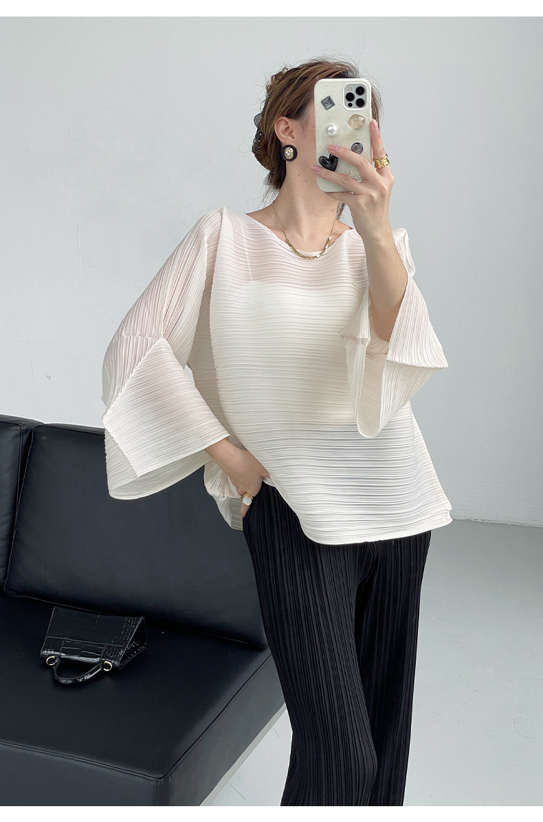Áo thun nữ dài tay cổ tròn xếp ly giảm béo phong cách Miyake — Màu xanh lam nhạt chi tiết 8