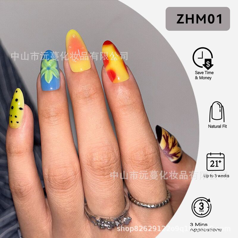 Cross-Border American-Style Oil Painting Yellow and Blue Color-Blocking Gradient White-Enhancing Finished Fake Nails Removable Ins-Style Nail Tips Cross-Border American-Style Oil Painting Yellow and Blue Color-Blocking Gradient White-Enhancing Finished Fake Nails Removable Ins-Style Nail Tips