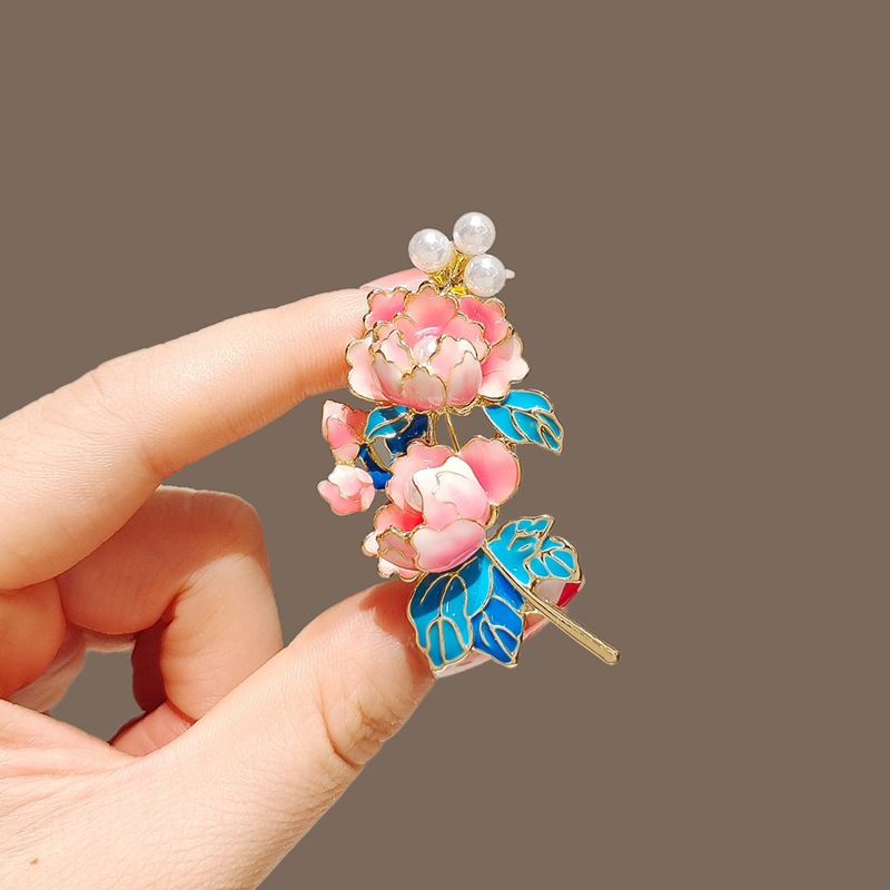 Chinese Style Elegant Enamel Peony Flower Brooch Retro Painted Flower Pin Corsage Suit Lapel Clothing Accessories