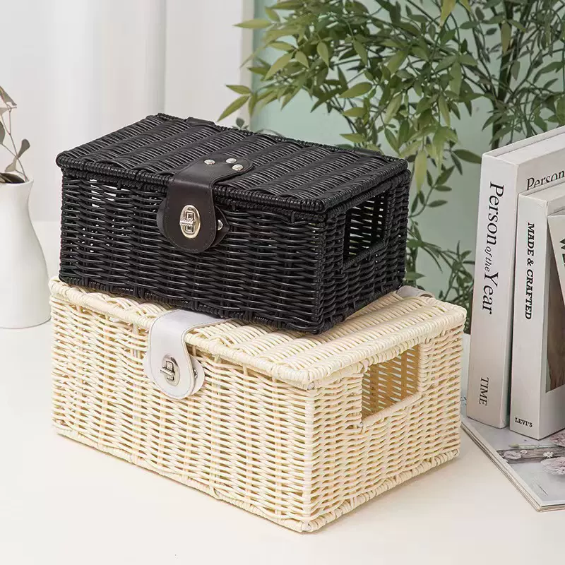 塑编收纳篮子带盖防尘收纳筐手工编织篮桌面收纳盒化妆品零食收纳