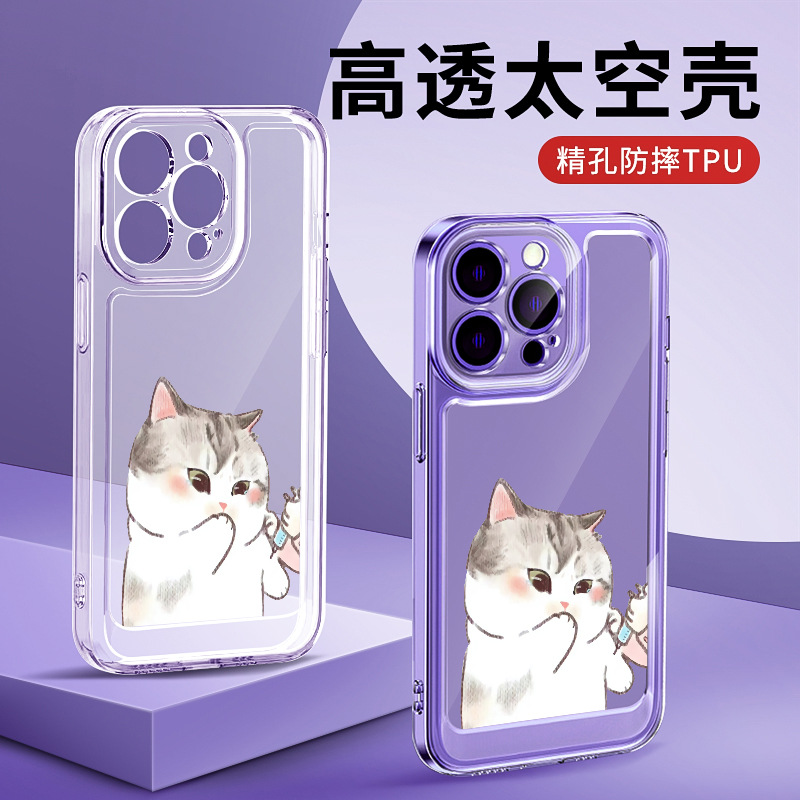適用於蘋果IPhone 12可愛小貓錦鯉彩繪精孔高透TPU太空手機殼批發