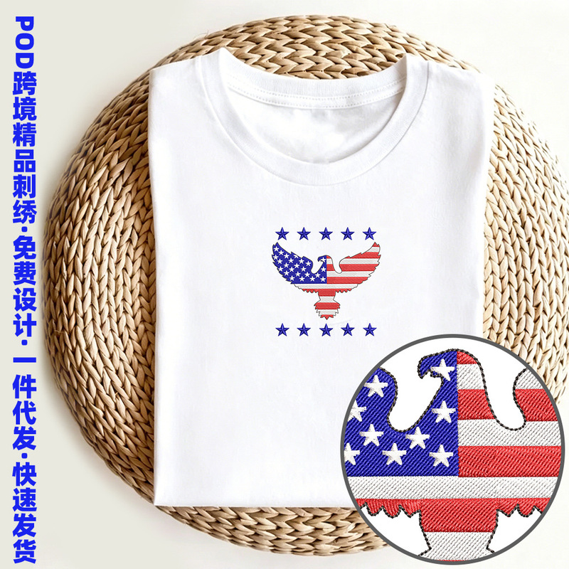 American National Day Eagle Embroidery T-Shirt Flag Star High-Quality Custom T-Shirt European and American Large Size Youth Shirt American National Day Eagle Embroidery T-Shirt Flag Star High-Quality Custom T-Shirt European and American Large Size Youth Shirt