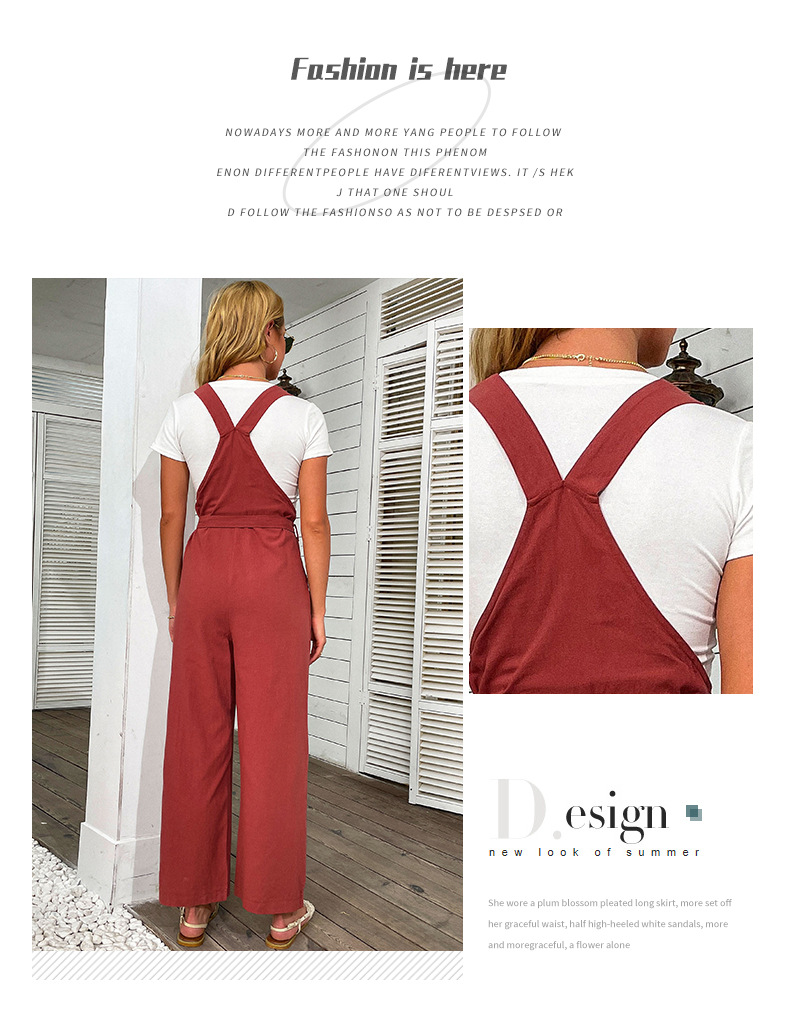 Red Retro Wide-leg High-waisted Slim Cotton and Linen Overalls_voghion.com