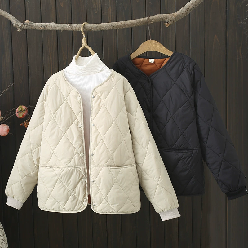 Легкая куртка с хлопковой подкладкой, Женская осенне-зимняя одежда на 2023 год с хлопковой подкладкой для пухленьких девочек, пальто с круглым вырезом и ромбовидной решеткой Joker 9106