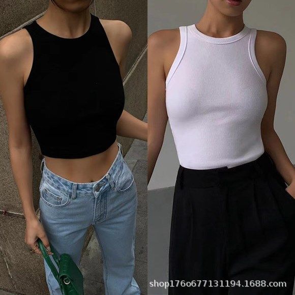 Trendy Short Ribbed Black Camisole for Women Summer Sleeveless Outerwear Top