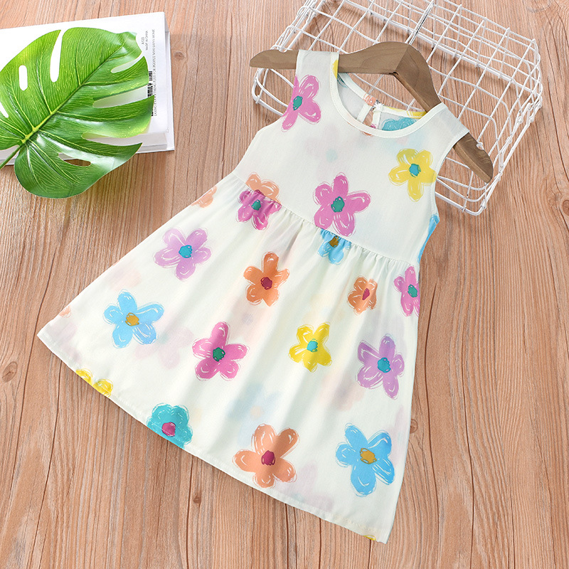 Vestido infantil verano niñas vestido de princesa floral falda de playa 2025 verano nuevo estilo falda de chaleco de tirantes de seda de algodón