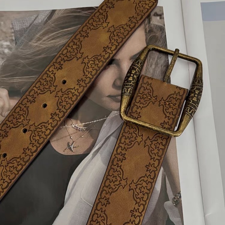 Amerikan tarzı deri kemer erkek bel kemeri y2k kadın yeni model genç kişiler spicy kız etek kombinasyonu antik bakır baskı trend retro kahverengi