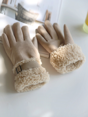 Leather buckle decorated suede finger gloves for women in autumn and winter plus velvet and thickening to keep warm and cold-proof touch screen riding electric bike