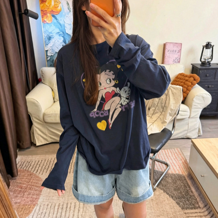 Navy blue round-neck pure cotton long-sleeve T-shirt for women, new spring and autumn American cartoon print casual loose top for women