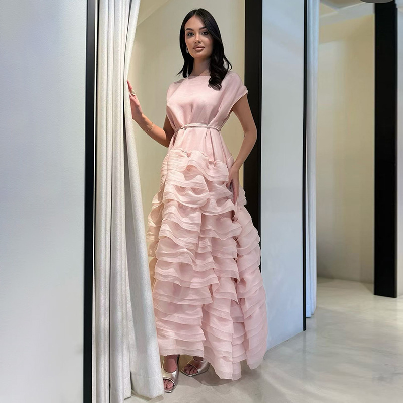 Fresh and Sweet Style Dress 2026 New Classic Round Neck Short-Sleeved Waist-Cinching Slimming Multi-Layered Ruffle Long Dress