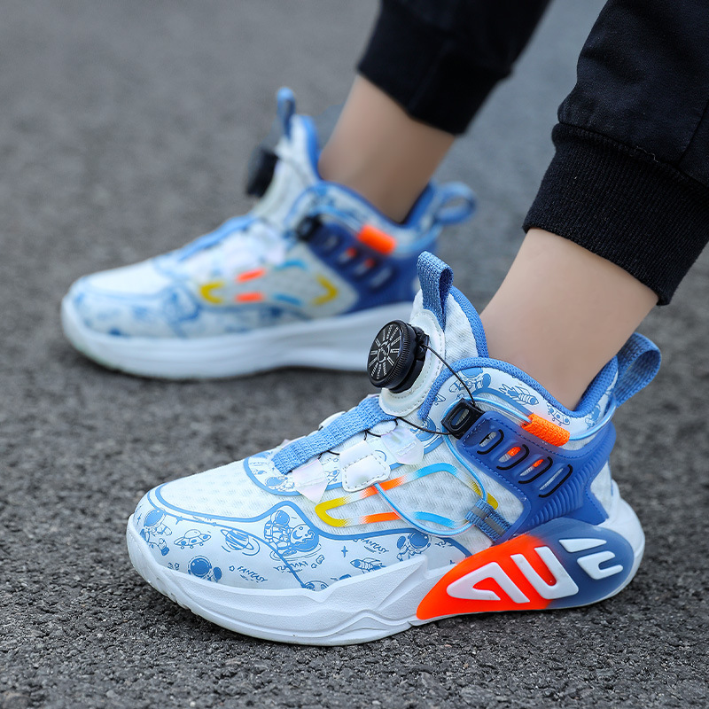 Children's Basketball Shoes 2025 Spring and Summer Boys' Mesh Sports Shoes Medium and Large Children's Running Shoes Student Rotating Buckle Children's Shoes