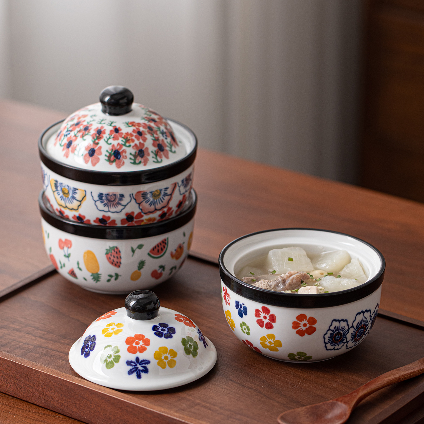 冬未陶瓷田园炖锅带盖家用隔水炖汤煲花朵图案白色炖盅煲汤神器