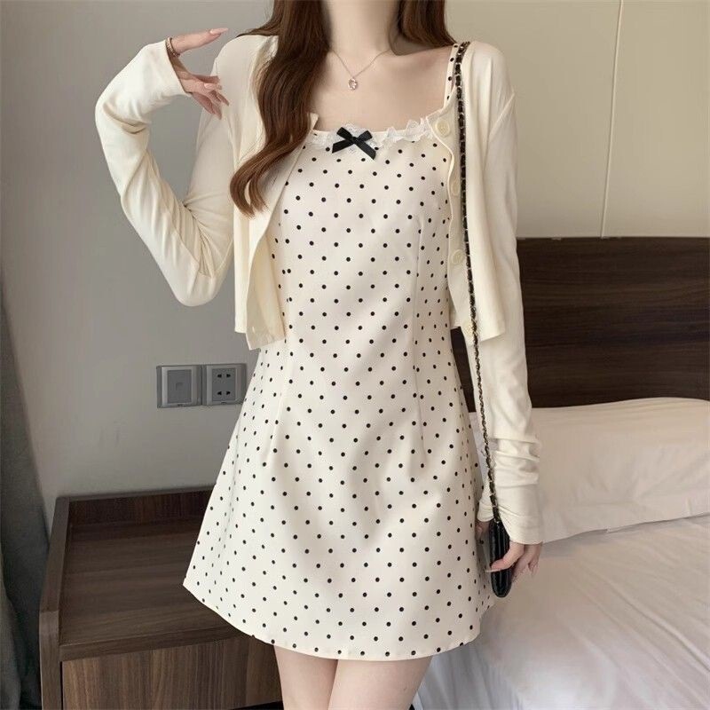 Women's Set: Polka Dot Slip Dress and Cardigan, 2026 New Spring Style, Two-Piece Set for Petite Figures, Slimming Effect