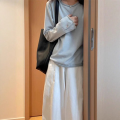 MISSMAM 韩系慵懒风设计感蓝色长袖T恤女秋季宽松休闲百搭打底衫