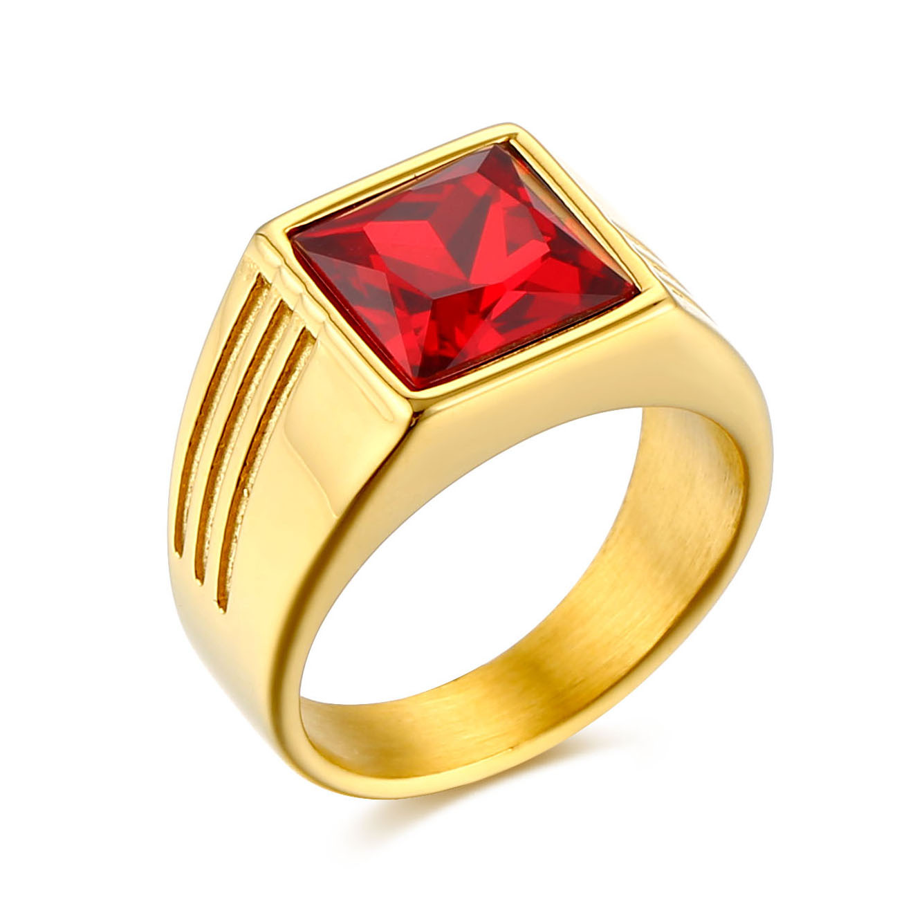 Gem Inlay Material Rings Classification Hip-Hop Simple Style Square Titanium Steel Plating Inlay Gem 18K Gold Plated Men's Rings