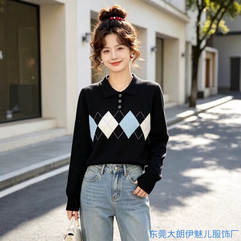 College-style POLO collar diamond-patterned turn-down collar knit sweater for women, new for autumn 2026, long-sleeved pullover, casual and versatile College-style POLO collar diamond-patterned turn-down collar knit sweater for women, new for autumn 2026, long-sleeved pullover, casual and versatile