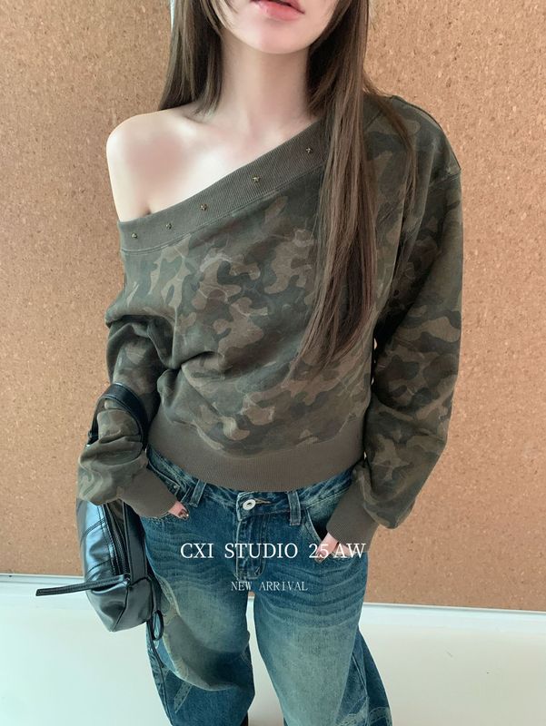 CXI 迷彩卫衣女秋季新款韩系慵懒宽松短款上衣休闲一字肩露肩外套|undefined