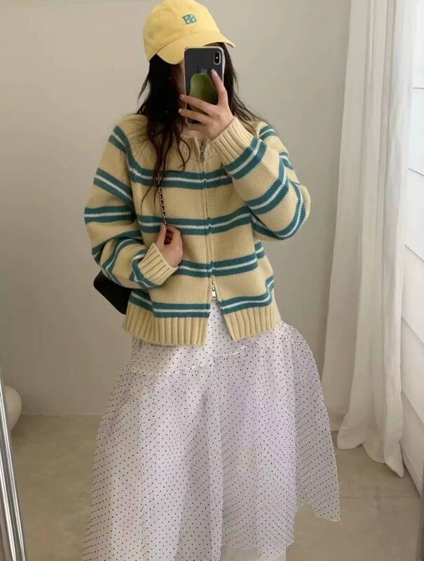 日韩系慵懒风条纹针织开衫女秋冬新款跨境宽松显瘦百搭双拉链毛衣|undefined