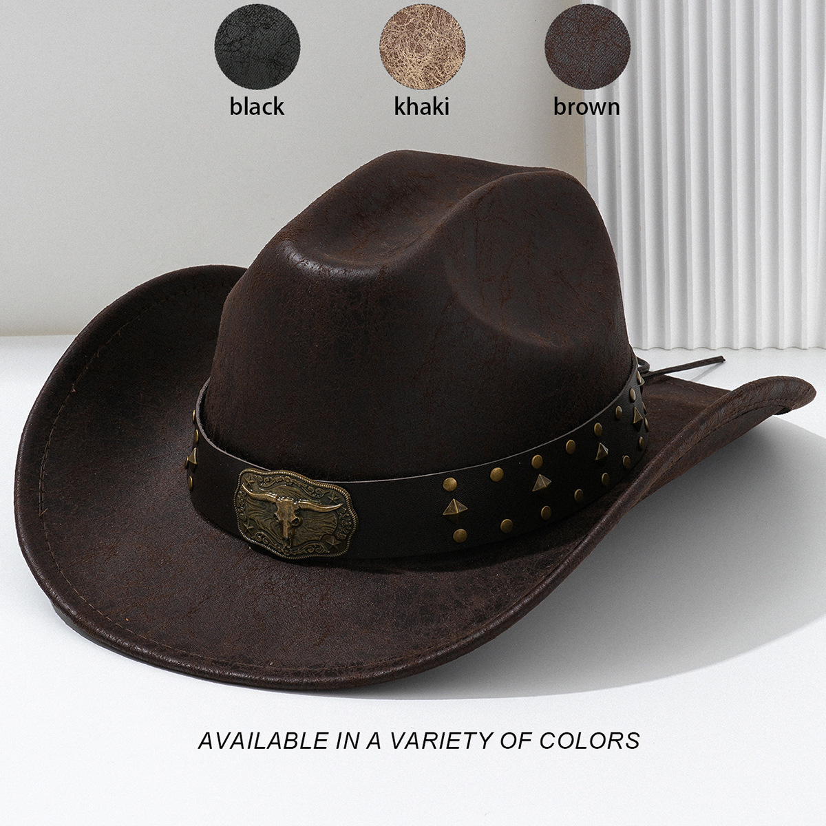 Chapeau de cowboy unisexe en cuir PU avec clous métalliques en forme de tête de taureau, style jazz et tendance, pour hommes._voghion.com