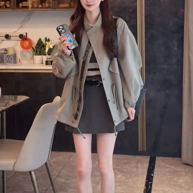 英伦风衣外套女2025秋季高级感宽松休闲廓形收腰抽绳工装夹克上衣|undefined
