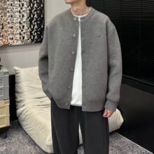 日系慵懒风毛衣外套男秋冬安西卡开衫简约宽松棒球领针织衫6023