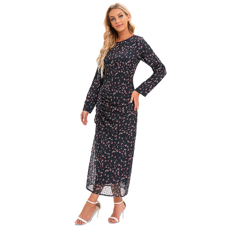 Floral Print Long Sleeve Maxi Dress Wrap Style with Drawstring Waist Chiffon Fabric for Women Size S to XXL_voghion.com