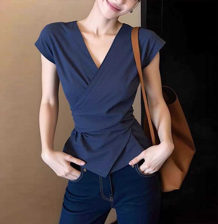 Áo sơ mi ngắn tay cổ chữ V kiểu Pháp thiết kế thắt lưng mới cho nữ — màu xanh đậm chi tiết 8