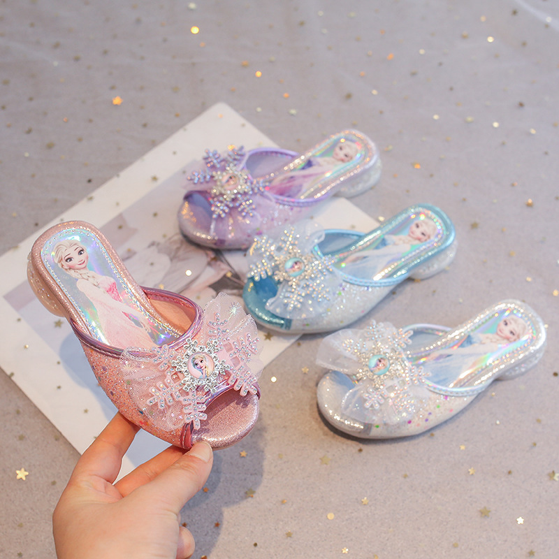 Girls' Slippers, New Summer Style, Bow-Knot Elsa Princess Shoes, Little Girls' Sandals, Small High-Heeled Sandals for Middle and Large Children