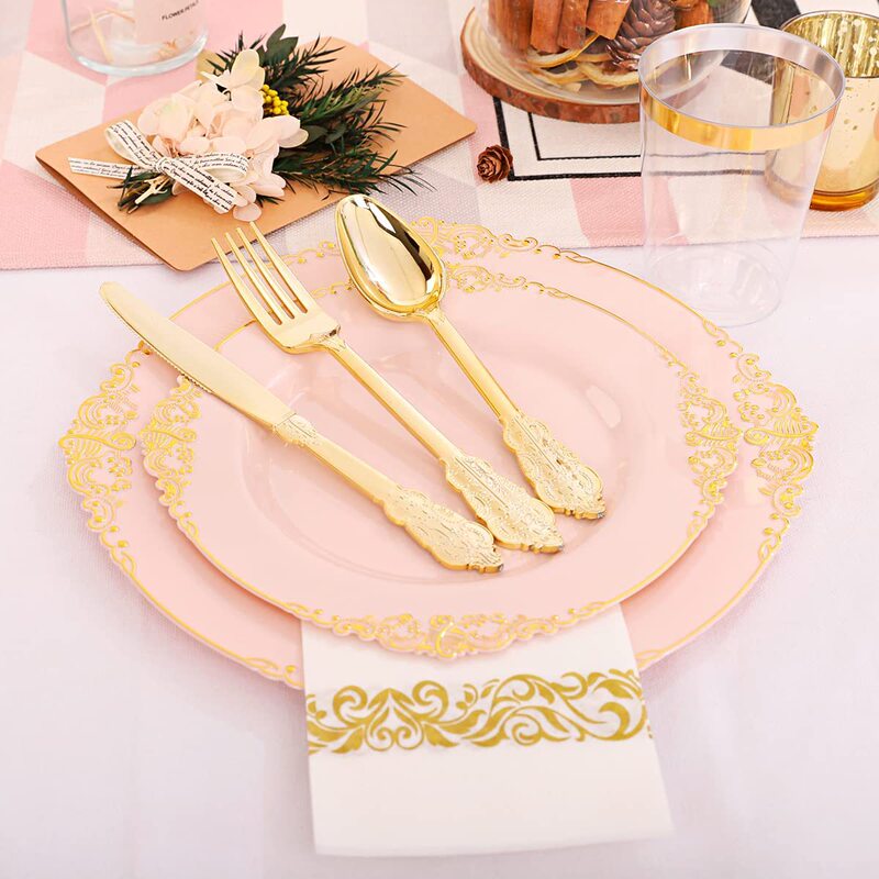 Disposable dinner plate embossed dragon pattern pink golden edge plate wine glass knife fork spoon plastic tableware golden dust-free paper suit