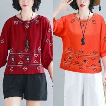 2025夏季新款女装上衣 棉麻绣花民族风上衣 圆领中袖休闲女式T恤