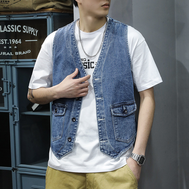 High Street Trendy Retro Denim Vest for Men, Spring and Autumn Ins Style, Stylish V-Neck Trendy Sleeveless Work Jacket High Street Trendy Retro Denim Vest for Men, Spring and Autumn Ins Style, Stylish V-Neck Trendy Sleeveless Work Jacket