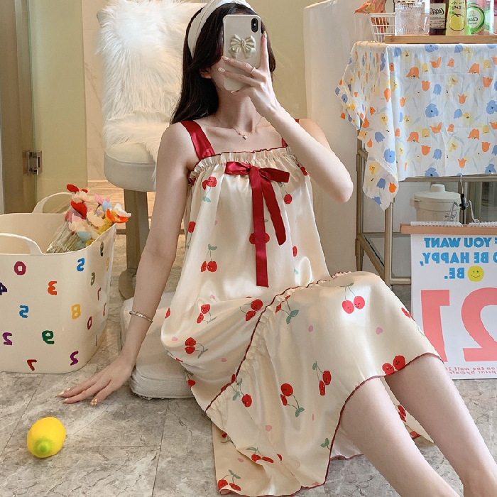 Correa de verano camisón chica con almohadilla de pecho pijamas correa de arco de seda artificial sexy desgaste del hogar lindo sexy