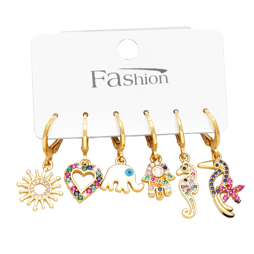 Fashion Heart Shape Elephant Copper Drop Earrings Inlay Zircon Copper Earrings 6 Pieces