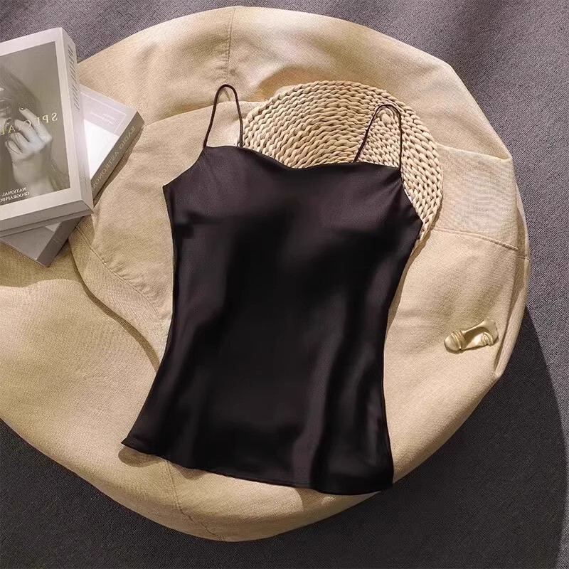 Acetic Acid Satin Small Camisole Vest Women's Summer Back Bra One-piece Base Belt Chest Pad Outer Wear Top