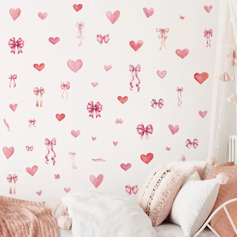 情人节新款粉色蝴蝶结丝带墙贴爱心节日气氛窗贴情侣婚礼装饰贴纸
