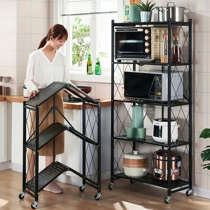 Estante de almacenamiento de piso para sala de estar doméstica Estante de almacenamiento plegable de acero al carbono multicapa de cocina Estante de almacenamiento multifuncional de dispositivo libre de seguridad